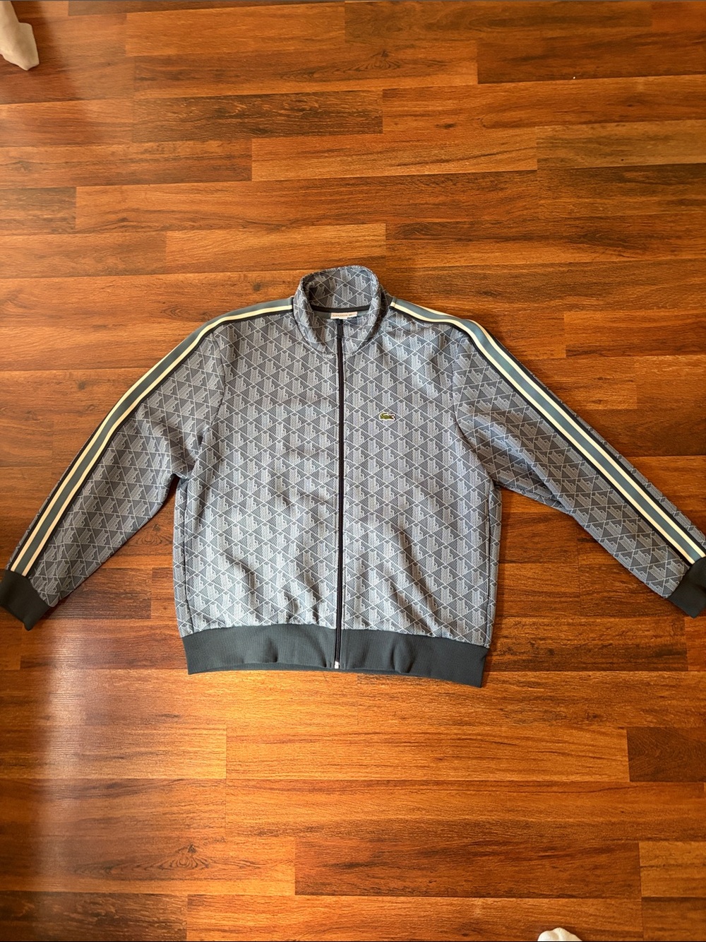 Lacoste Men's Blue Geometric Zip-Up Track Jacket with Stripe Detail